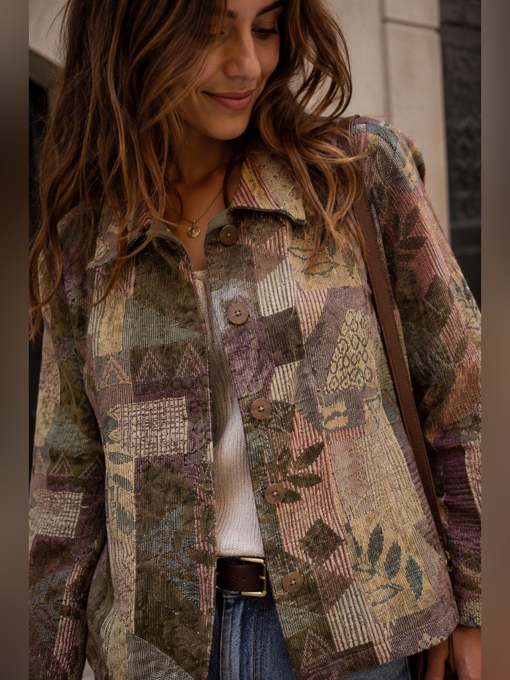 Vintage Tapestry Jacket Womens S Patchwork Boho Art-to-Wear Barn Fly Earthy Fall